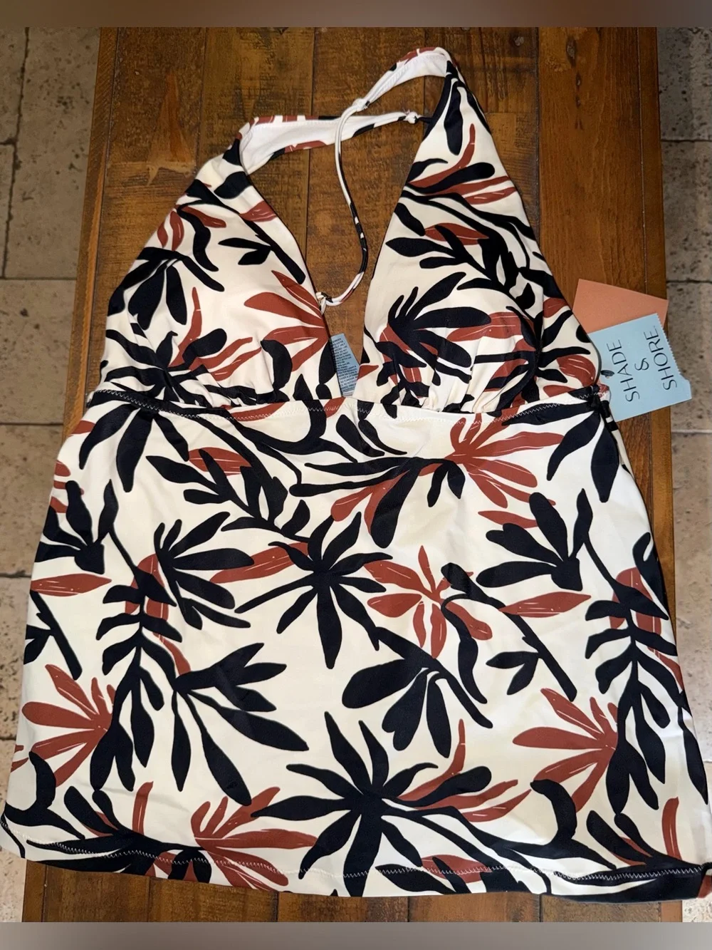 Shade & Shore Cream Halter Tankini Top with Black & Rust Floral Print